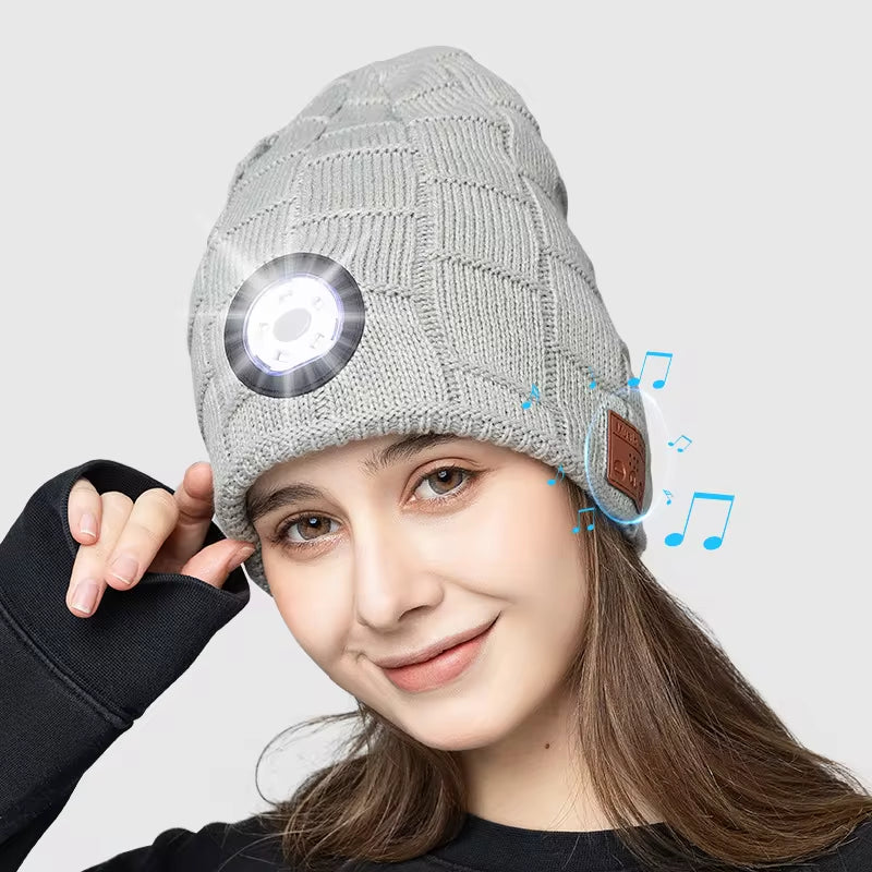 Unisex Bluetooth Headlamp Hat Headphones Beanie with LED Music Cap Built-In Speakers & Mic Earbuds for Running Hiking Sport