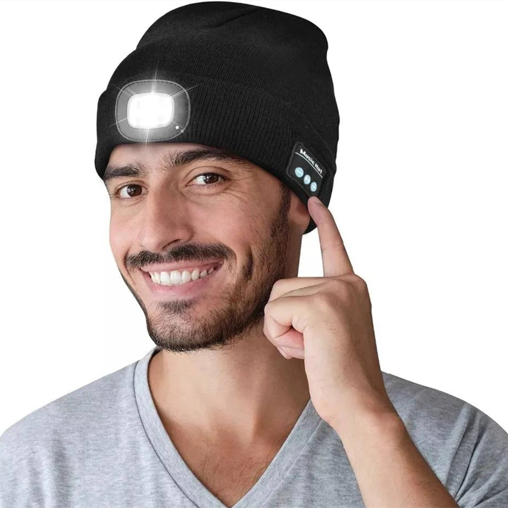 Unisex Bluetooth Headlamp Hat Headphones Beanie with LED Music Cap Built-In Speakers & Mic Earbuds for Running Hiking Sport