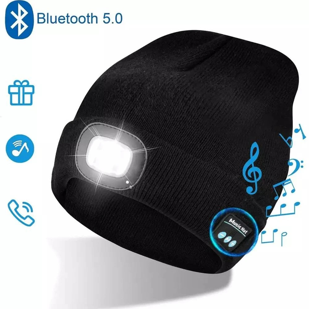 Unisex Bluetooth Headlamp Hat Headphones Beanie with LED Music Cap Built-In Speakers & Mic Earbuds for Running Hiking Sport